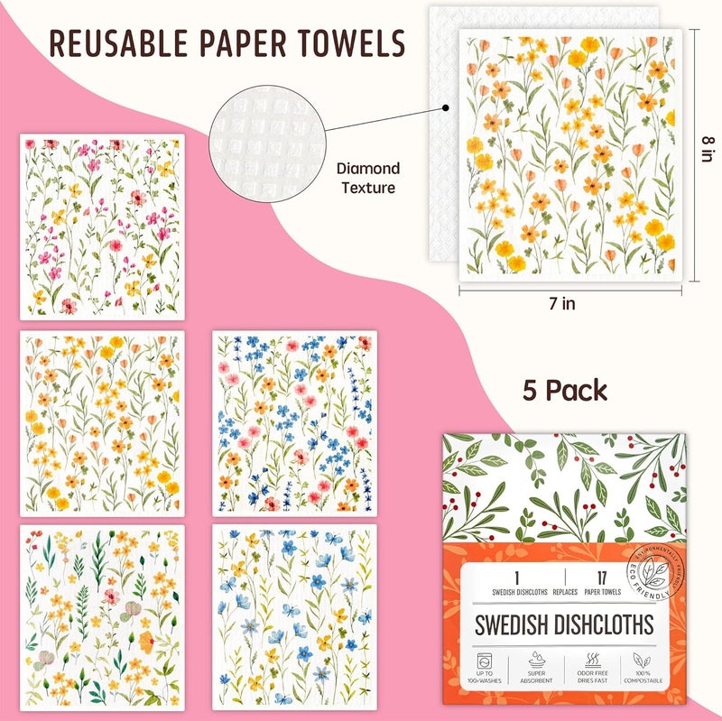 Augine Swedish Dishcloths for Kitchen, 5 Pack Flowers Reusable Paper Towels Washable, Super Absorbent Swedish Dish Cloths, Biodegradable, Non-Scratch, No Odor - Image 2